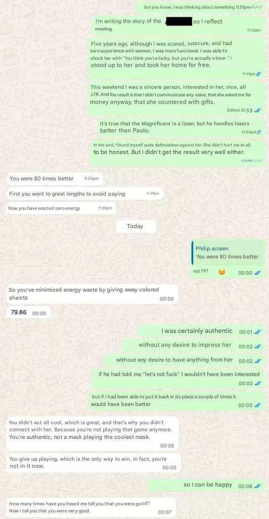 Screenshot di conversazione con la Dea Francese dopo cinque anni