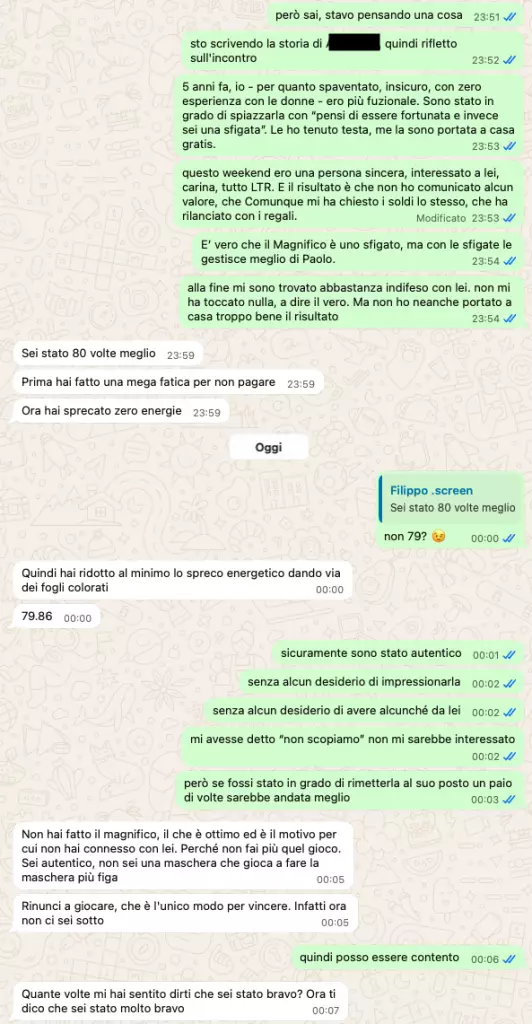 Screenshot di conversazione con la Dea Francese dopo cinque anni