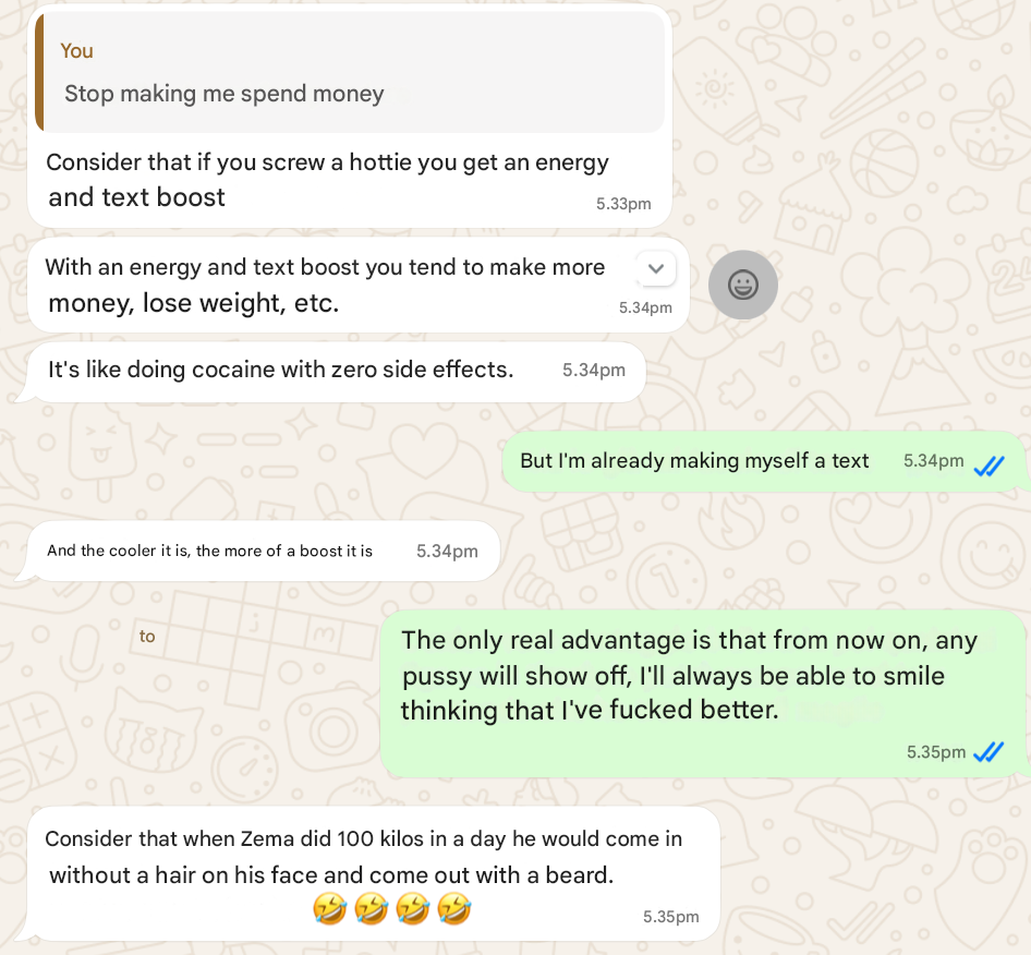 Screenshot conversazione WhatsApp con la Dea Suprema (parte 6e)