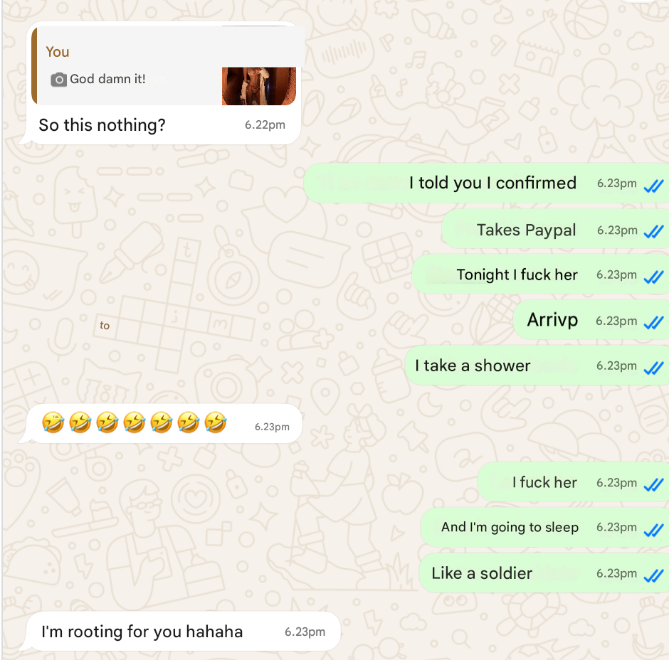 Screenshot conversazione WhatsApp con la Dea Suprema (parte 9e)