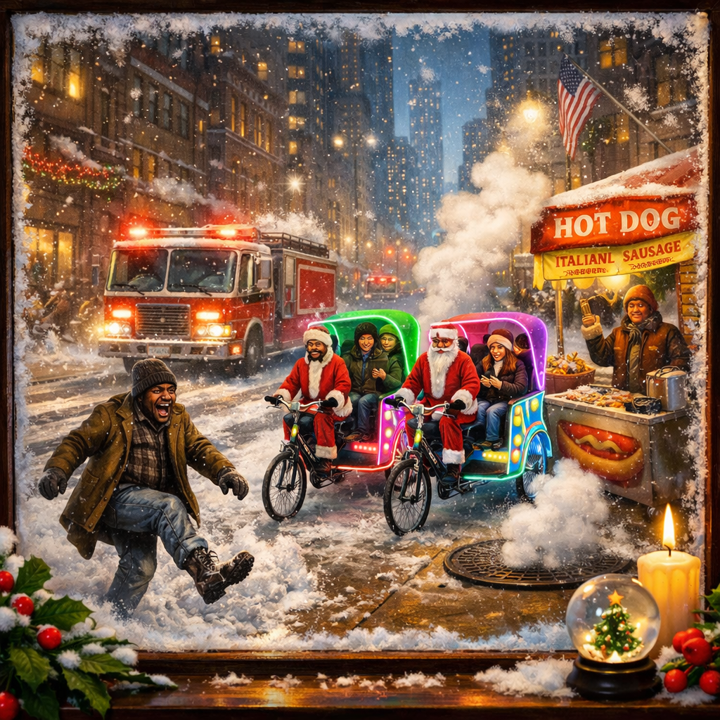 Illustrazione notturna di New York dalla finestra dell'hotel