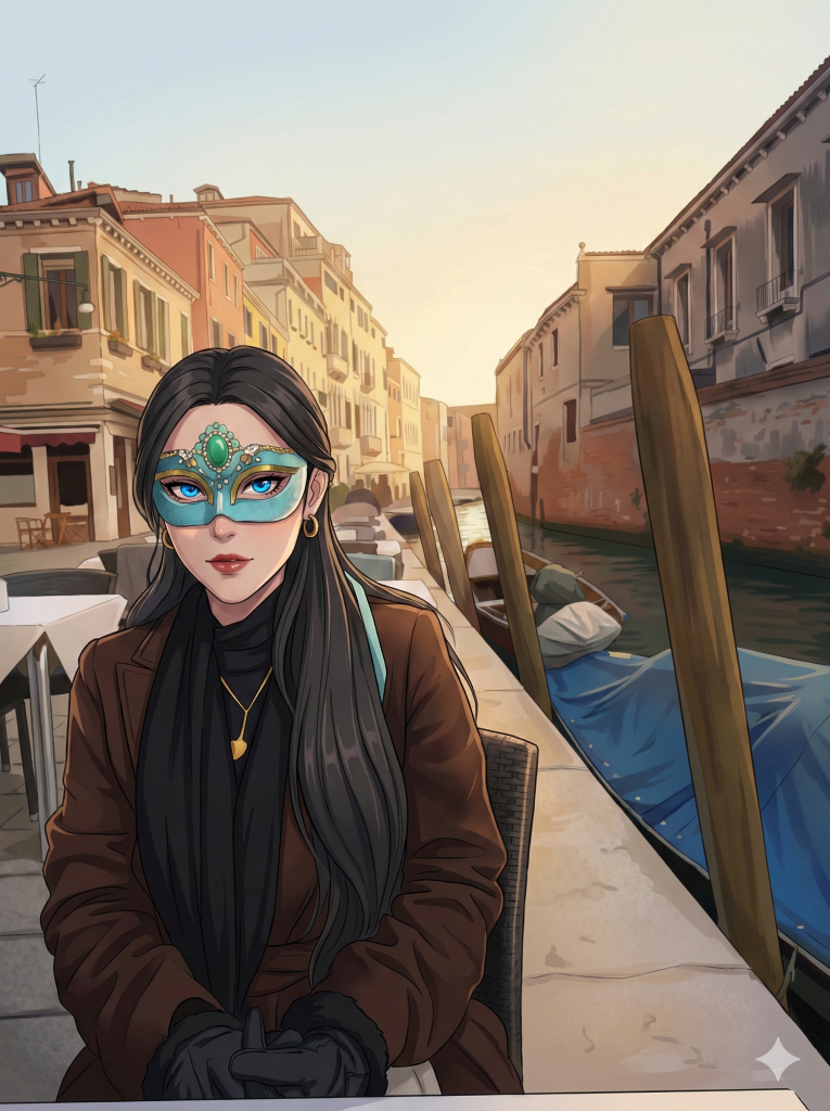 Illustrazione della serata in maschera stile Eyes Wide Shut a Venezia con Xmas Lady