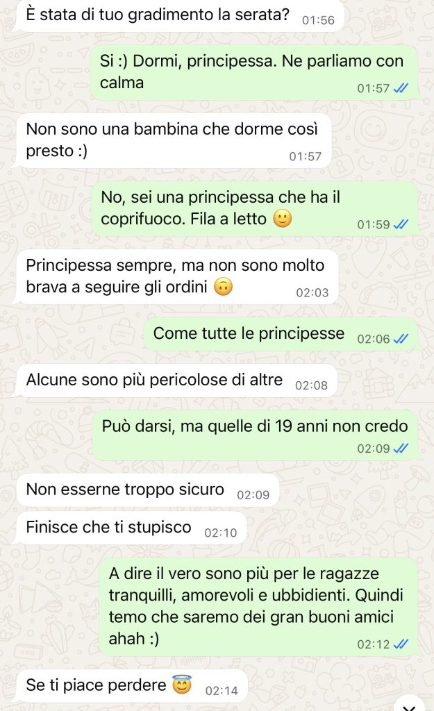 Screenshot della chat notturna con Bambolina: gioco di seduzione push-pull
