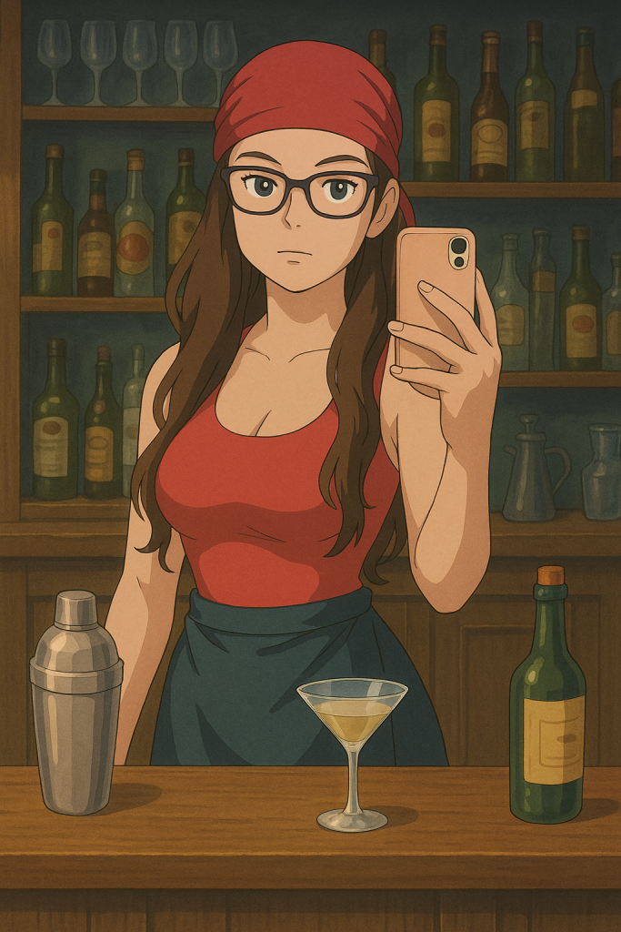Illustrazione di Teppistella al lavoro come barista durante la serata con il Magnifico