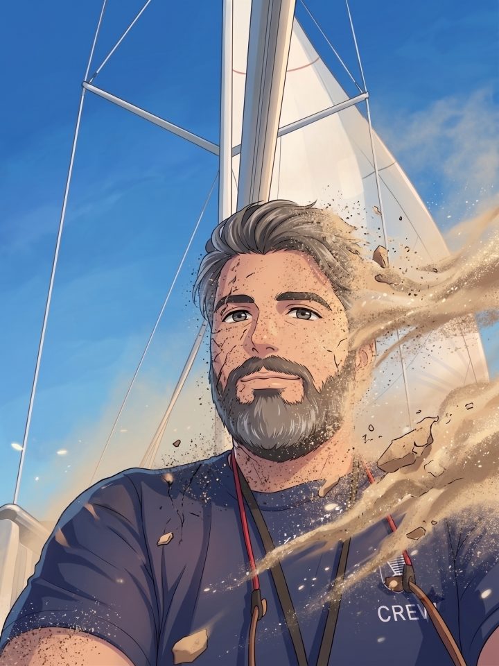 Castelli di sabbia: uomo che si dissolve nel vento su un catamarano alle Lavezzi